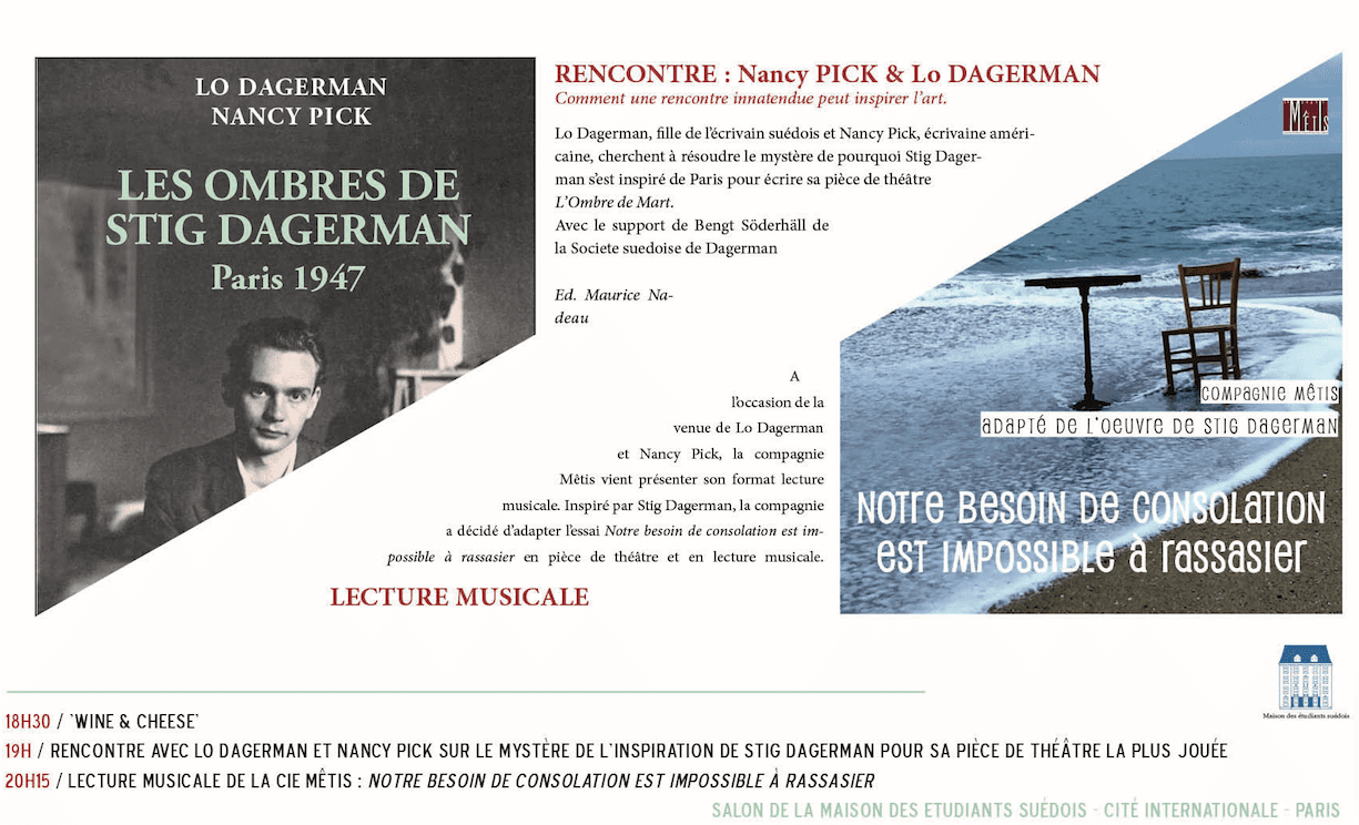 Bokkväll i samband med utgivningen av ”Les ombres de Stig Dagerman”, onsdag den 14 november från och med kl 18.30