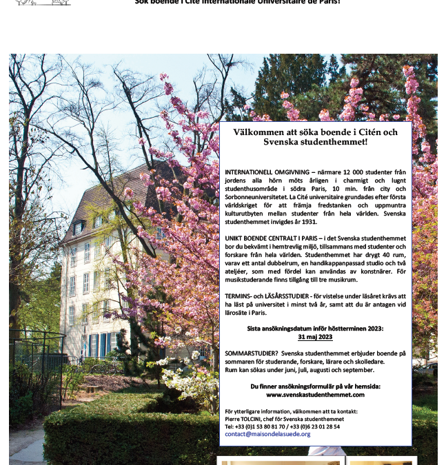 SÖK BOENDE I SVENSKA STUDENTHEMMET / CITE INTERNATIONALE UNIVERSITAIRE I PARIS INFÖR HÖSTEN 2023!