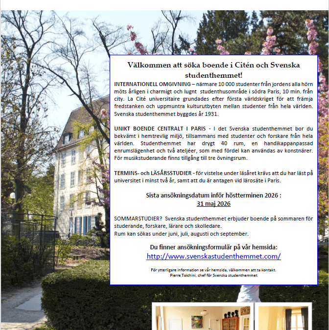 SÖK BOENDE I SVENSKA STUDENTHEMMET I PARIS INFÖR HÖSTEN 2026