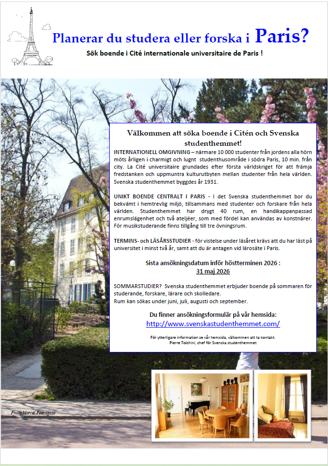 SÖK BOENDE I SVENSKA STUDENTHEMMET I PARIS INFÖR HÖSTEN 2026
